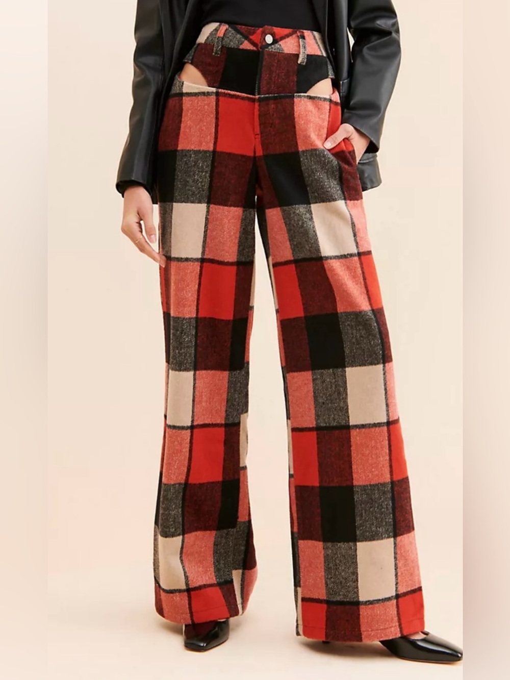 AFRM Wide Leg Plaid Pants in Red and Black